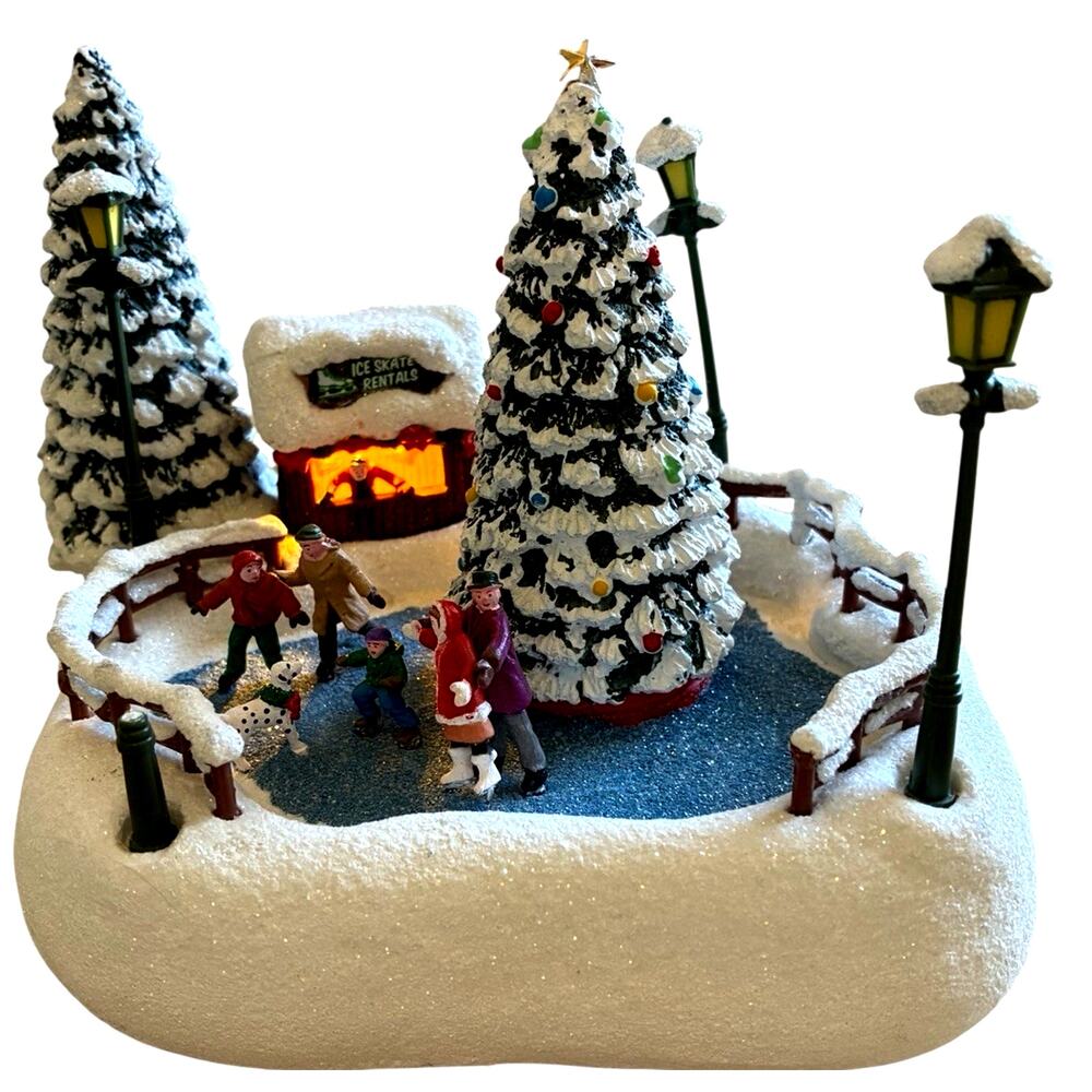 Thomas Kinkade Lighted Christmas Village Ice Skaters Winter Snow What Fun 2024